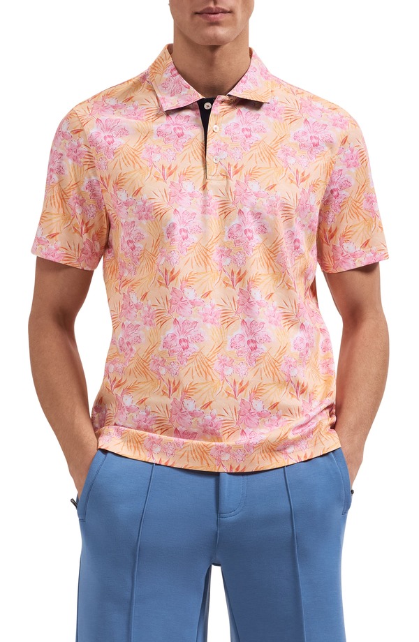 ブガッチ メンズ トップス ポロシャツ フラワー柄 コットン フラワー Bugatchi Hendrix Floral Pima Cotton Polo Peach ピーチ