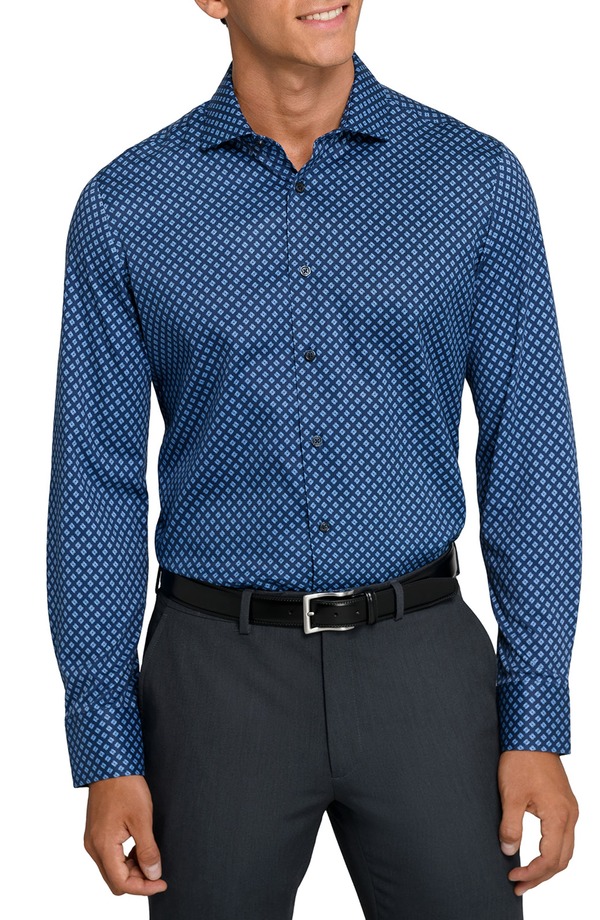 ダブリューアールケー メンズ トップス シャツ スリムフィット プリント コットン W.R.K Reworked Slim Fit Blue Diamond Print Cotton Dresshirt Navy/ Blue ネイビー|ReVida 店
