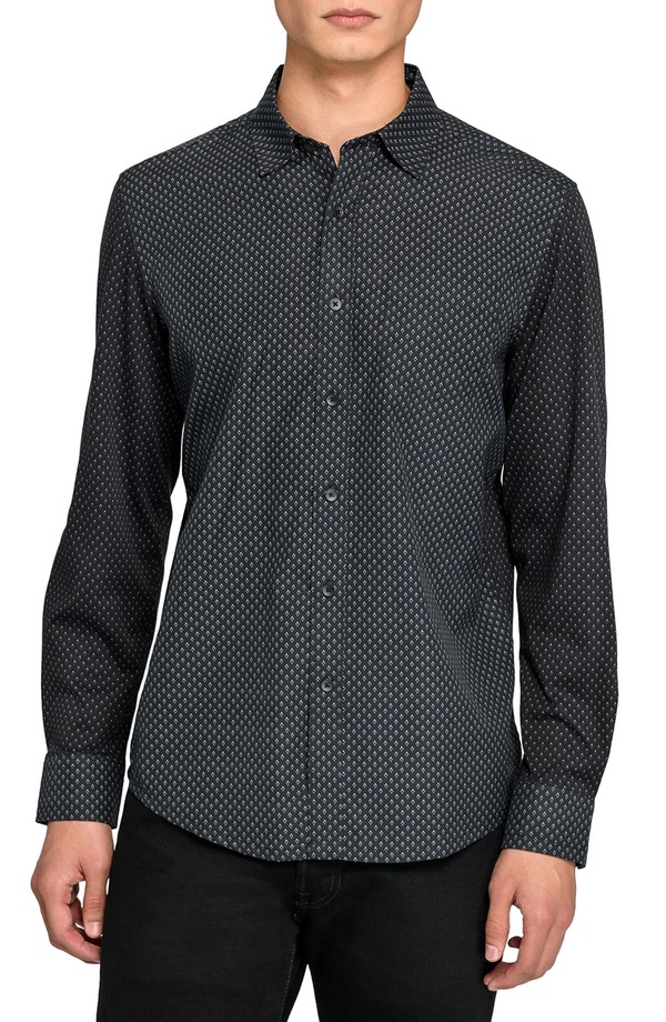 ダブリューアールケー メンズ トップス シャツ スリムフィット プリント コットン W.R.K Reworked Slim Fit Black Diamond Print Cotton Button-Up Shirt Black ブラック｜ReVida 店