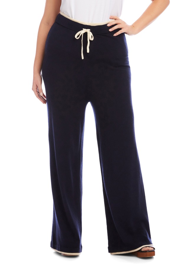 カレンケーン レディース ボトムス レギンス ワイドレッグ パンツ コントラスト Karen Kane Contrastrim Wide Leg Drawstring Pants Navy/ Cream クリーム の商品写真