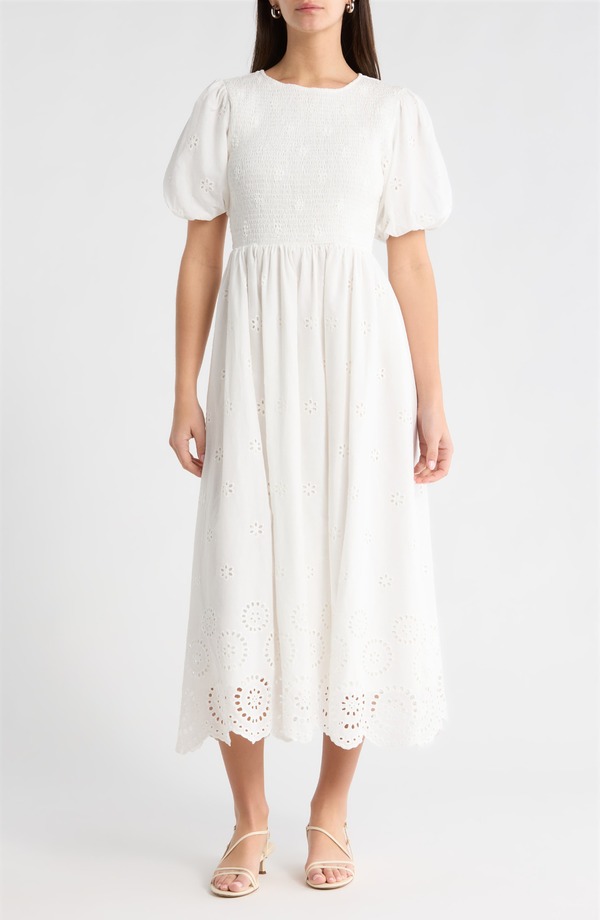 シュガーリップス レディース トップス ワンピース ミディ シャーリング SUGARLIPS Deana Eyelet Smocked Midi Dress White ホワイト