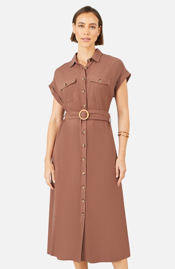 ユミキム レディース トップス ワンピース ミディ シャツ リネン Yumi Viscose Linen Look Midi Shirt Dress Brown ブラウン