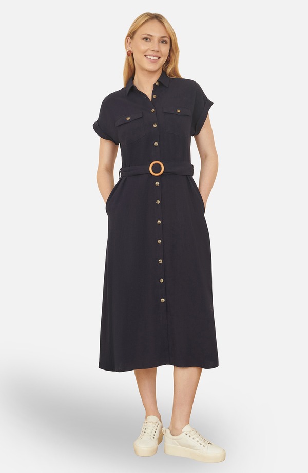 ユミキム レディース トップス ワンピース ミディ シャツ リネン Yumi Viscose Linen Look Midi Shirt Dress Navy ネイビー