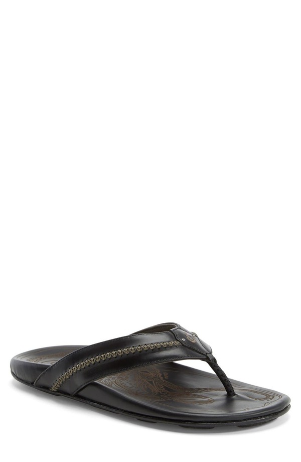 オルカイ メンズ シューズ サンダル OluKai Mea Ola Flip Flop Black/ Black Leather 黒いこと スリッポン-靴-メンズ靴