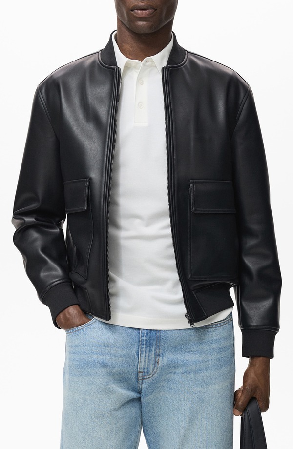 マンゴ メンズ アウター 上衣・上衣 なめし革 フェイクレザー MANGO Faux Leather Bomber Jacket Black 黒いこと コート・ジャケット-メンズファッション