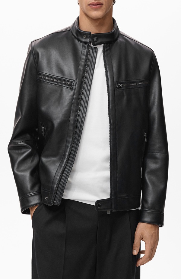 マンゴ メンズ アウター ジャケット・ブルゾン レザー フェイクレザー MANGO Faux Leather Moto Jacket Black ブラック｜ReVida 店