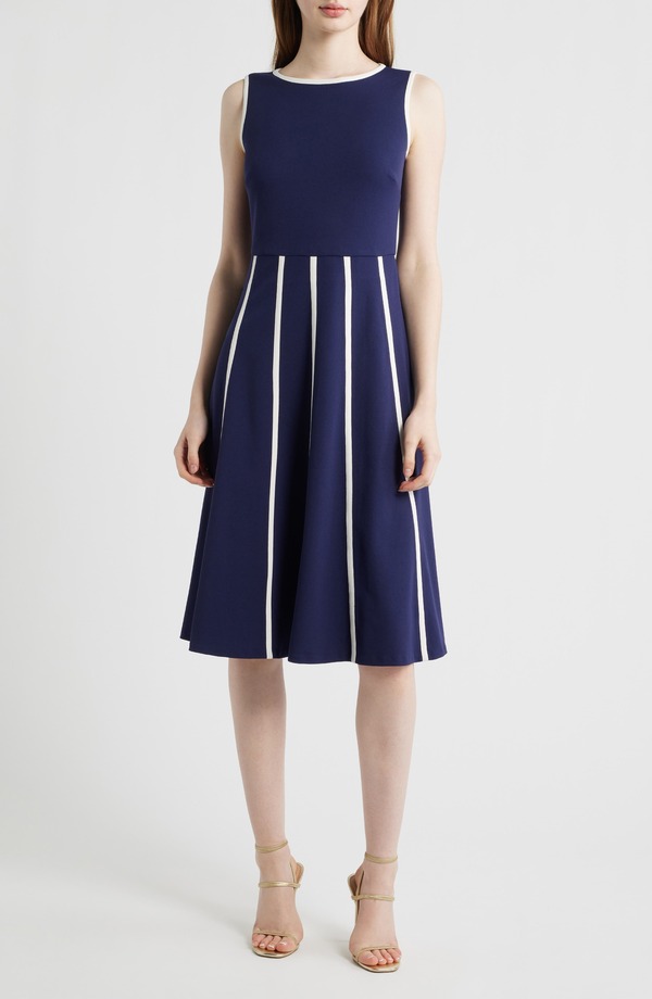 アンクライン レディース トップス ワンピース クレープ ノースリーブ Anne Klein Sleeveless Cool Crepe Fit & Flare Dress Deep Navy/ White Dove ホワイト