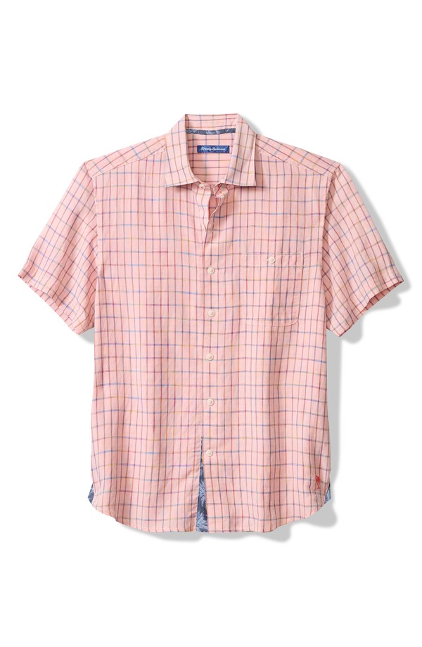 トッミーバハマ メンズ トップス シャツ リネン Tommy Bahama Sand Linen Manati Plaid Short Sleeve Linen Blend Button-Up Shirt Bright Peach ピーチ