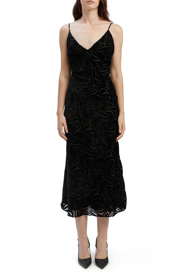 赤ちょうちん点点 レディース トップス 衣装 天鵞絨 Bardot Paradiso Burnout Velvet Dress Black 黒いこと