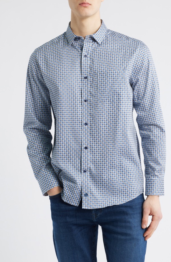 ジョンストンアンドマーフィー メンズ トップス シャツ プリント コットン Johnston & Murphy Wavy Diamond Print Cotton Button-Up Shirt Blue/ Brown ブルー