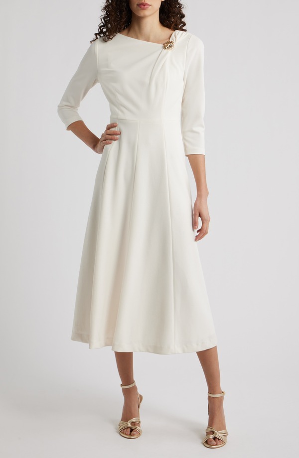 アンクライン レディース トップス ワンピース アシンメトリー ミディ Anne Klein Shoulder Pin Asymmetric Long Sleeve Midi Dress White Dove ホワイト