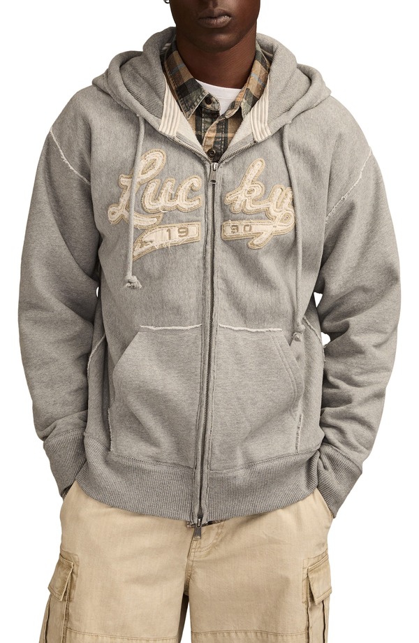 ラッキーブランド メンズ トップス Tシャツ パイル コットン ロゴ パーカー Lucky Brand Logo Appliqu Cotton French Terry Zip Hoodie Heather Grey グレー