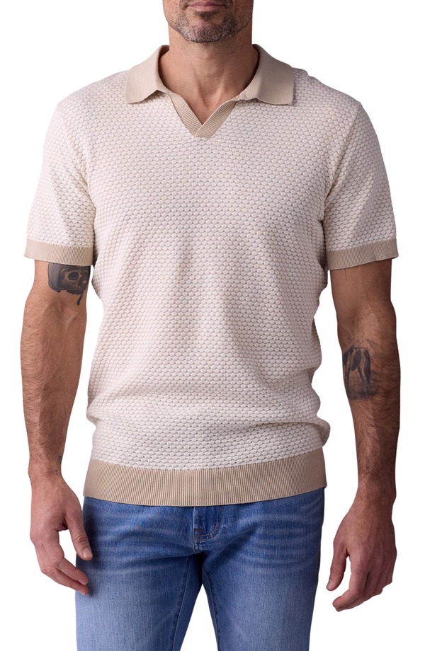 ノーマルブランド メンズ トップス シャツ セーター コットン The Normal Brand Robles Johnny Collar Textured Cotton Jacquard Polo Sweater Ivory/ Khaki アイボリー