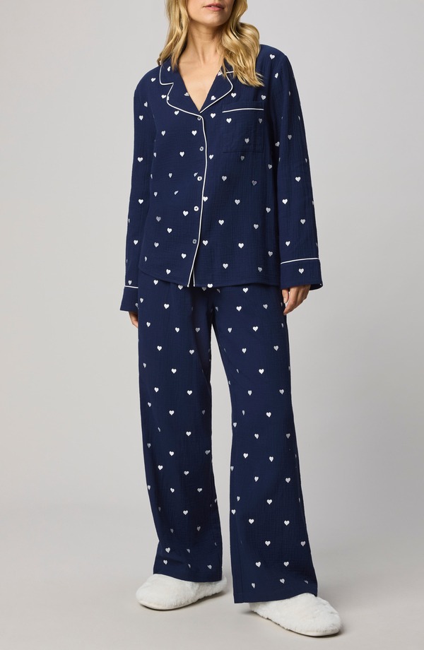スプレンディット レディース アンダーウェア ナイトウェア コットン Splendid Lottie Love Cotton Gauze Pajamas Navy Blue/ White ホワイト|ReVida 店