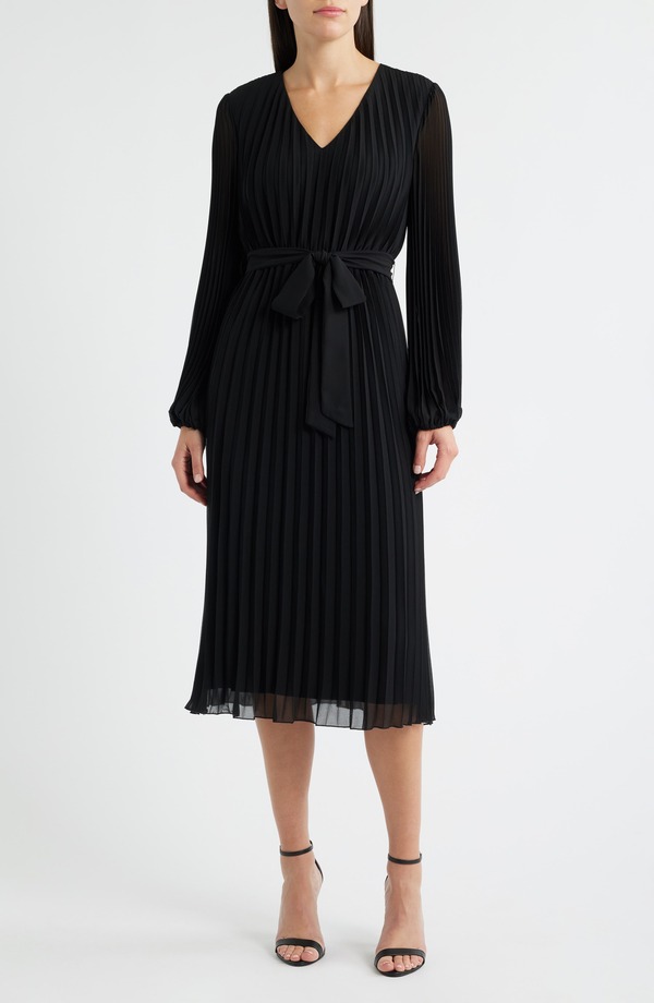 サムエデルマン レディース トップス 衣装 シフォン 筋目 midi Sam Edelman Pleated Long Sleeve Chiffon Midi Dress Black 黒いこと ワンピース-レディースファッション