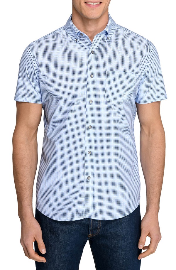 ダブリューアールケー メンズ トップス プルオーバー か細い相応う 打ち倒す W.R.K Slim Fit Houndstooth Reworked Short Sleeve Button-Down Shirt Blue 青色 メンズファッション-トップス