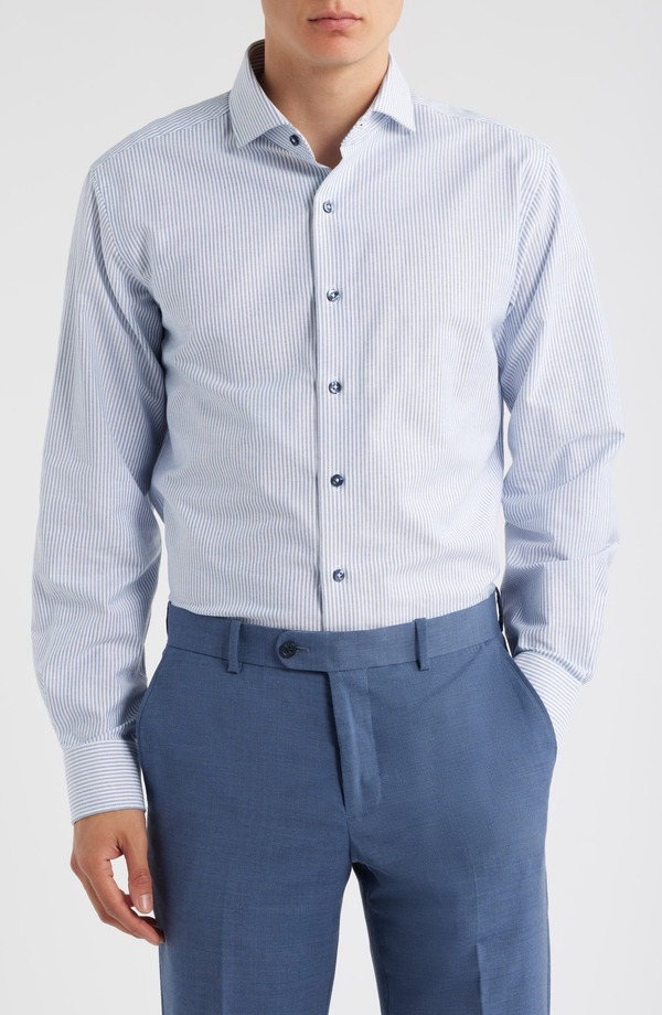 ロレンゾウオモ メンズ トップス シャツ オックスフォード コットン Lorenzo Uomo Trim Fit Stripe Cotton Oxford Cloth Dresshirt White/ Blue Stripe ホワイト