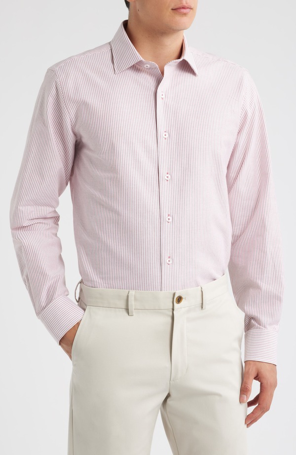 ロレンゾウオモ メンズ トップス シャツ オックスフォード コットン Lorenzo Uomo Trim Fit Stripe Cotton Oxford Cloth Dresshirt Dark Red レッド｜ReVida 店