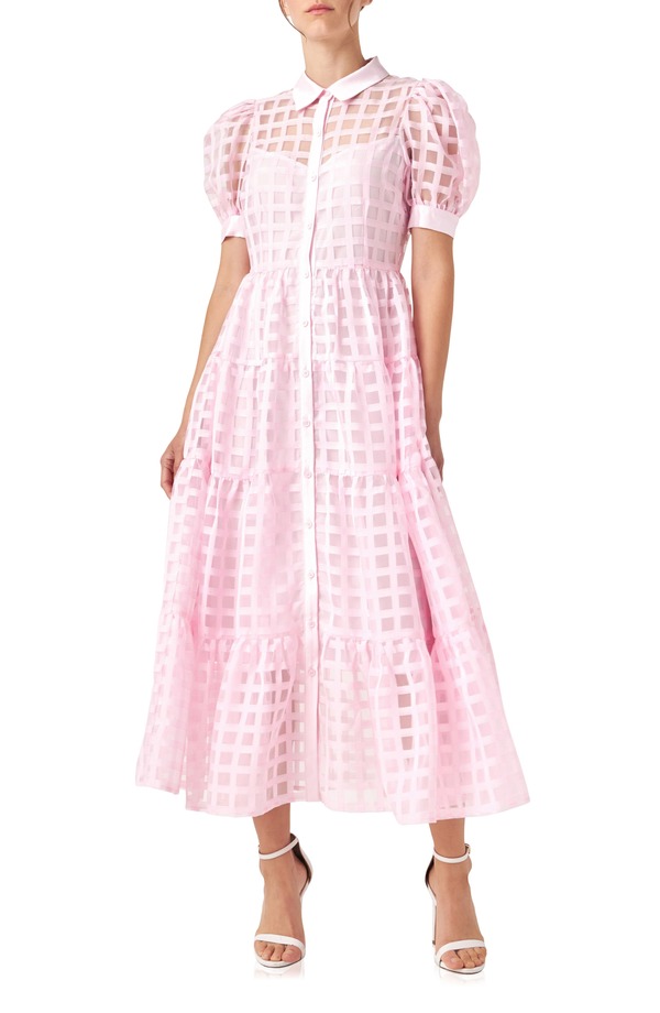 イングリッシュファクトリー レディース トップス ワンピース ティアード ミディ シャツ English Factory Grid Pattern Tiered Midi Shirtdress Baby Pink ピンク