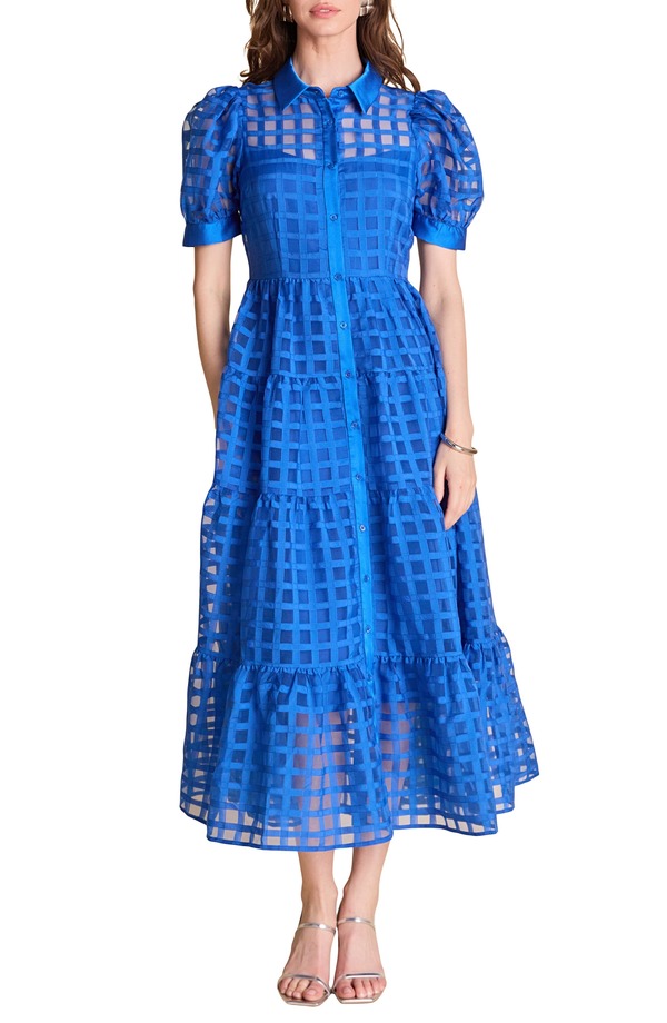 イングリッシュファクトリー レディース トップス ワンピース ティアード ミディ シャツ English Factory Grid Pattern Tiered Midi Shirtdress Cobalt コバルト