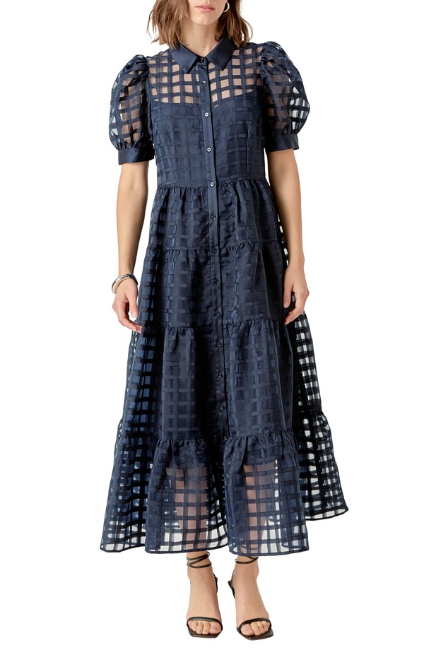 イングリッシュファクトリー レディース トップス ワンピース ティアード ミディ シャツ English Factory Grid Pattern Tiered Midi Shirtdress Dark Navy ネイビー