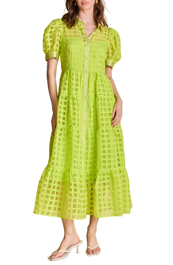イングリッシュファクトリー レディース トップス ワンピース ティアード ミディ シャツ English Factory Grid Pattern Tiered Midi Shirtdress Neon Green ネオン\\1