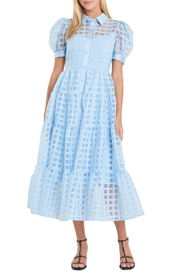イングリッシュファクトリー レディース トップス ワンピース ティアード ミディ シャツ English Factory Grid Pattern Tiered Midi Shirtdress Powder Blue ブルー