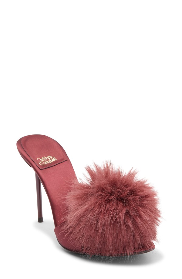 ジェフリー キャンベル レディース シューズ サンダル Jeffrey Campbell Shopaholic Faux Fur Pom Slide Sandal Wine Satin Combo ワイン