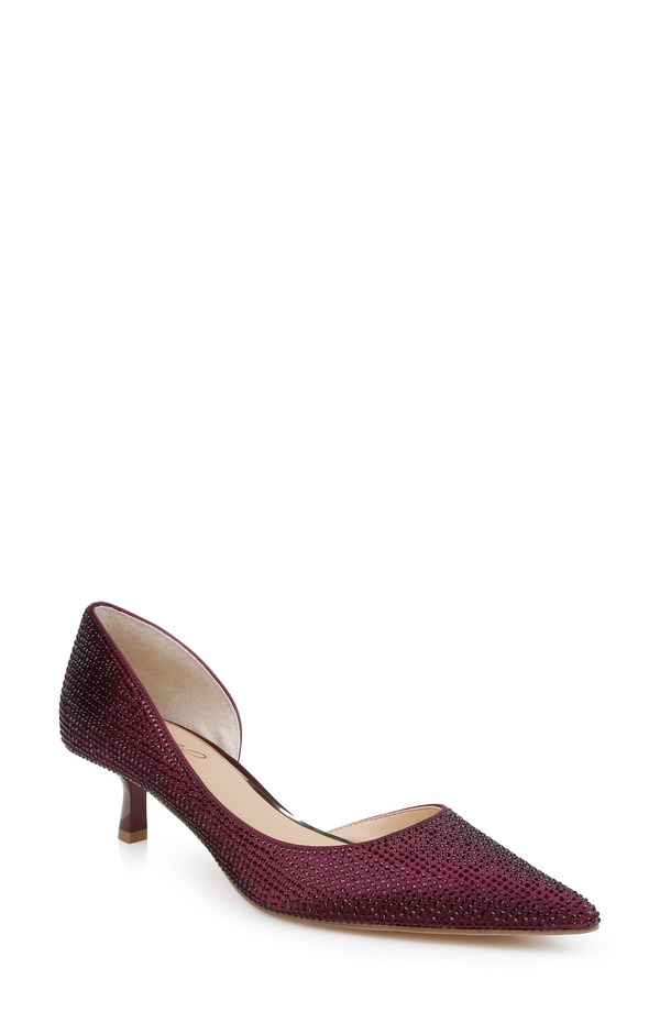 ジュウェルダグレイミシュカ レディース シューズ 踵 プルオーバー Jewel Badgley Mischka Teegan Half d\u0027Orsay Pointed Toe Kitten Heel Pump Bordeaux Satin