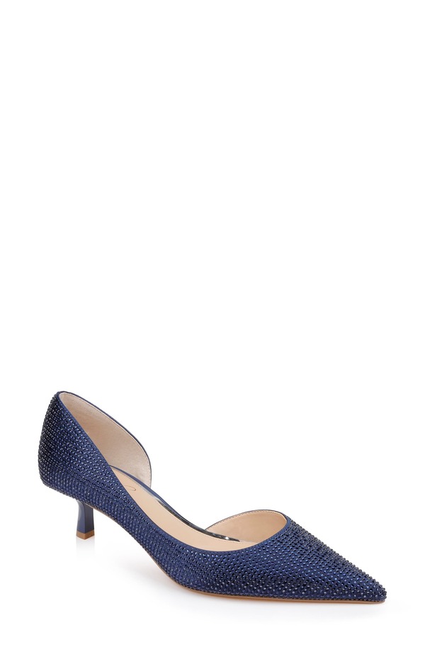 ジュウェルダグレイミシュカ レディース シューズ 踵 プルオーバー Jewel Badgley Mischka Teegan Half d\u0027Orsay Pointed Toe Kitten Heel Pump Navy Satin 米国海軍