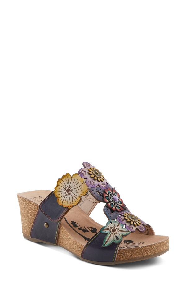 発条足取り レディース シューズ 踵 プラットホーム サンダル L\u0027Artiste by Spring Steprettypetals Platform Wedge Slide Sandal Navy Multi 米国海軍