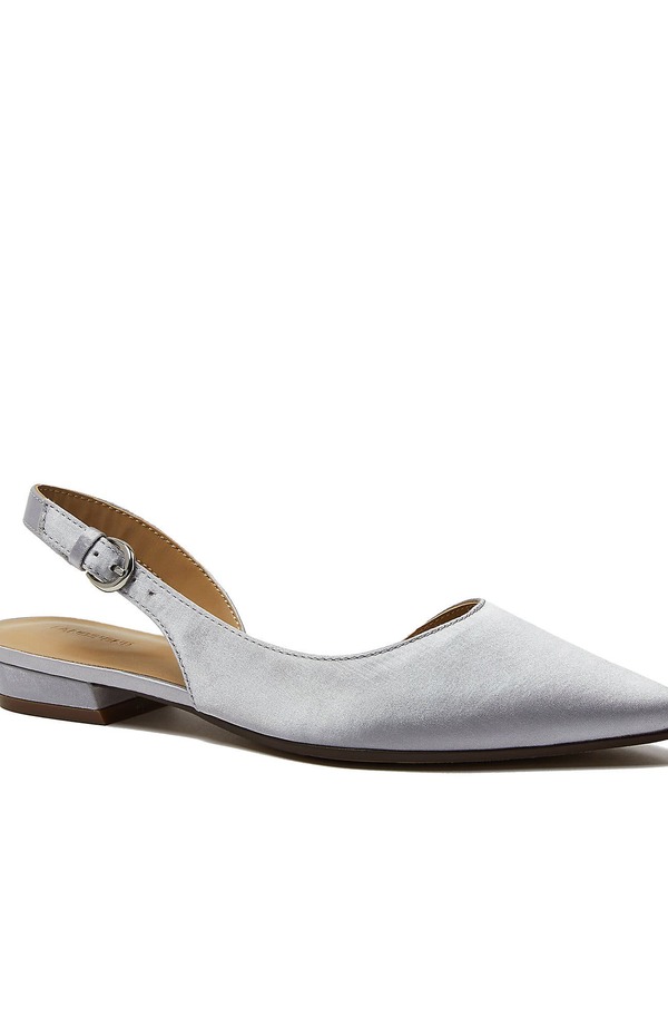 ランズ挙げ句の果て レディース シューズ 踵 なめし革 Lands\u0027 End Leather Slingback Low Heelsilver Satin しろがね色