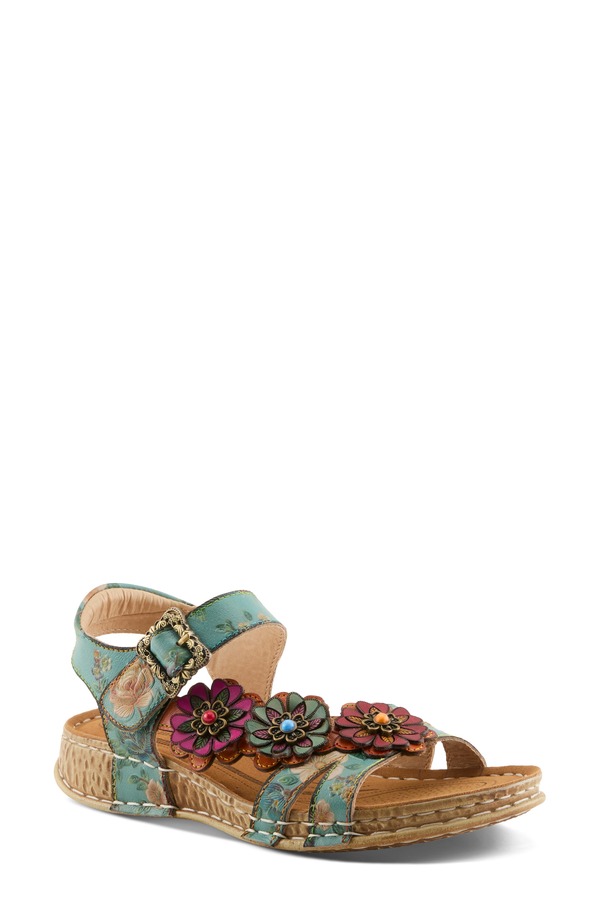 発条足取り レディース シューズ 踵 サンダル L\u0027Artiste by Spring Step Off Center Sandal Sky Blue Multi 青み