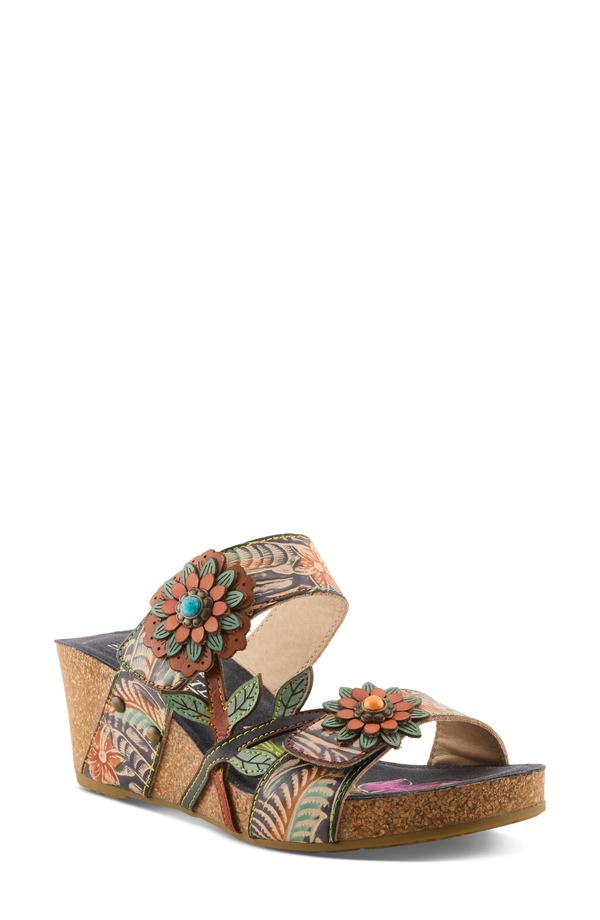 発条足取り レディース シューズ 踵 プラットホーム サンダル L\u0027Artiste by Spring Step Moai Platform Wedge Sandal Navy Multi 米国海軍