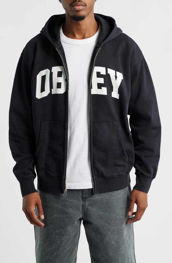 オベイ メンズ アウター パーカー・スウェット Obey Control Faded Zip Hoodie Digital Black Faded Wash 黒いこと トップス-パーカー-メンズファッション