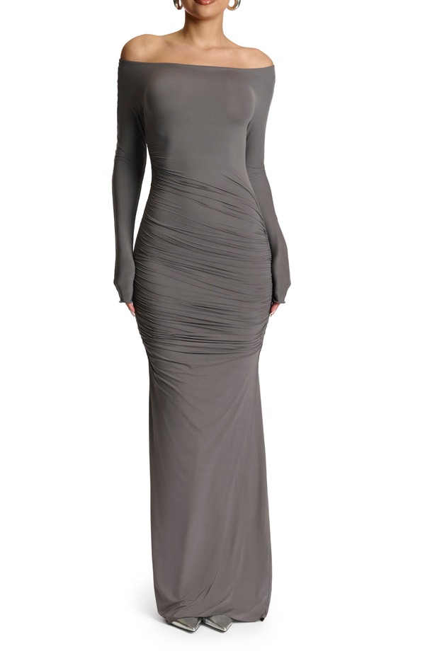 ネイキッドワードローブ レディース トップス ワンピース ギャザー マキシ Naked Wardrobe Ruched Off the Shoulder Long Sleeve Maxi Dress Charcoal チャコール|ReVida 店
