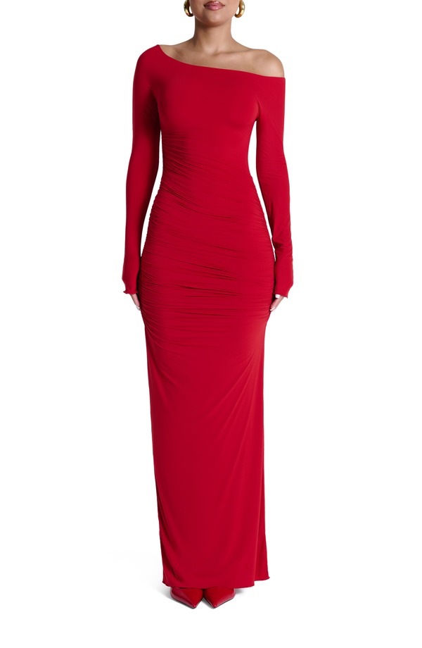 ネイキッドワードローブ レディース トップス ワンピース ギャザー マキシ Naked Wardrobe Ruched Off the Shoulder Long Sleeve Maxi Dress Red レッド
