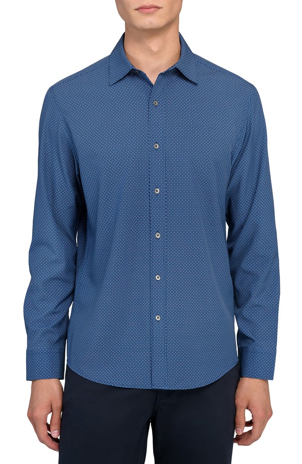 ダブリューアールケー メンズ トップス シャツ スリムフィット プリント W.R.K Slim Fit Navy Diamondot Print Performance Button-Up Shirt Navy ネイビー｜ReVida 店
