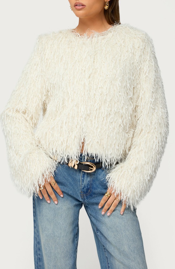 アディクテッド レディース アウター ジャケット・ブルゾン フリンジ EDIKTED Aleandra Fringe Faux Fur Crop Jacket Cream クリーム