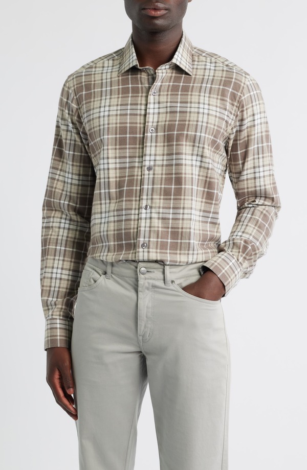 スコットバーバー メンズ トップス シャツ レギュラーフィット コットン Scott Barber Weekend Regular Fit Heathered Plaid Cotton Button-Up Shirt Cocoa Heather ヘザー