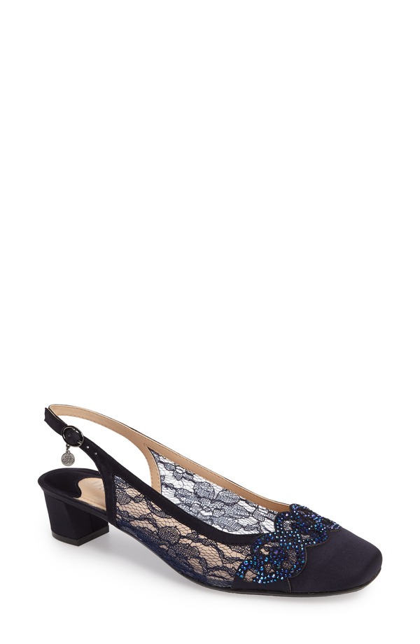 ジェイレニー レディース シューズ 踵 J. Rene Faleece Crystal Embellished Slingback Pump Navy Satin 米国海軍