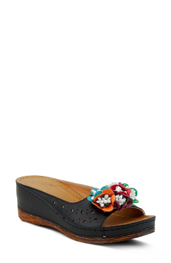 発条足取り レディース シューズ 踵 サンダル Spring Step Flower Child Slide Wedge Sandal Black Leather 黒いこと