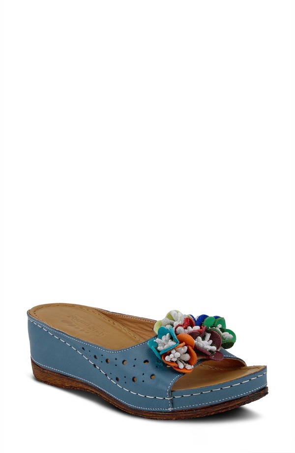 発条足取り レディース シューズ 踵 サンダル Spring Step Flower Child Slide Wedge Sandal Blue Leather 青み
