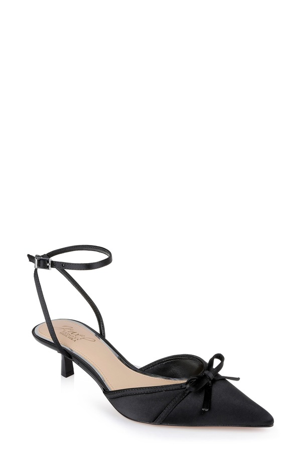 ジュウェルダグレイミシュカ レディース シューズ 踵 アンクル Jewel Badgley Mischka Talasiankle Strapointed Toe Kitten Heel Pump Blacksatin