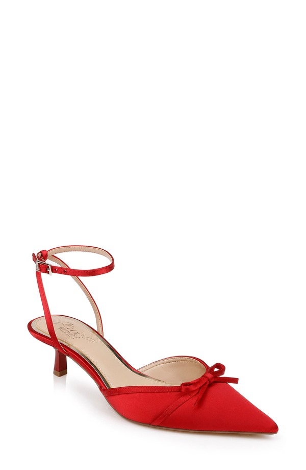 ジュウェルダグレイミシュカ レディース シューズ 踵 アンクル Jewel Badgley Mischka Talasiankle Strapointed Toe Kitten Heel Pump Red Satin 赤いこと