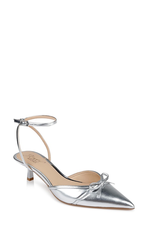 ジュウェルダグレイミシュカ レディース シューズ 踵 アンクル Jewel Badgley Mischka Talasiankle Strapointed Toe Kitten Heel Pump Silver Metallic しろがね色