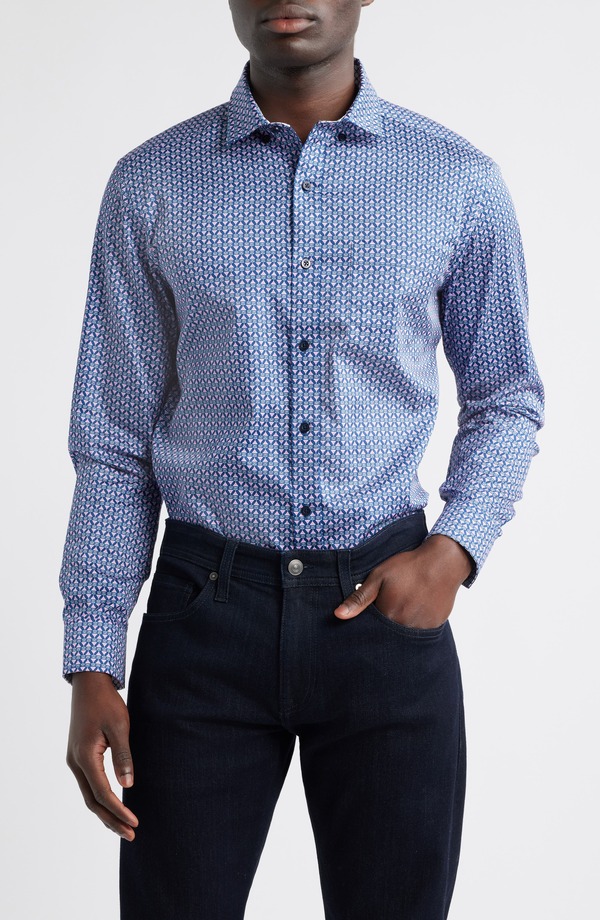 ジョンストンアンドマーフィー メンズ トップス プルオーバー 刷り上げる 綿織物 Johnston \u0026 Murphy Martini Print Cotton Button-Up Shirt Pink/Navy 米国海軍
