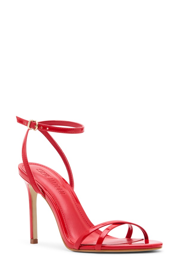 スティーブ マデン レディース シューズ 踵 サンダル アンクル Steve Madden Ankle Strap Stiletto Sandal Red Patent 赤いこと