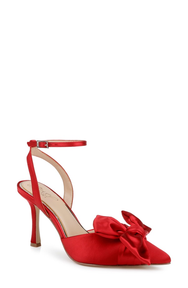 ジュウェルダグレイミシュカ レディース シューズ 踵 サンダル アンクル Jewel Badgley Mischka Francine Ankle Strapointed Toe Sandal Red Satin 赤いこと