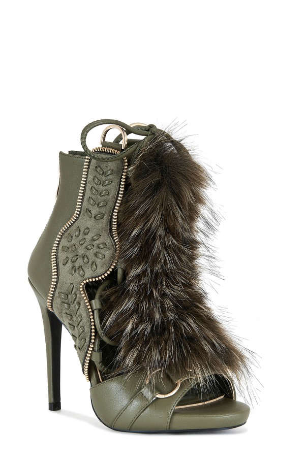 アザレア 一 レディース シューズ ブーツ・レインブーツ AZALEA WANG Shainy Faux Fur Open Toe Bootie Olive オリーブ レディース靴-ブーツ-その他